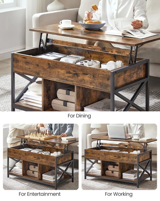 VASAGLE Lift Top Coffee Table, Lift Coffee Table with Storage Shelf, Hidden Compartments and Lifting Top, for Living Room, Office, 19.7 x 39.4 x (19.3-24.4) Inches, Rustic Brown and Black ULCT202B01