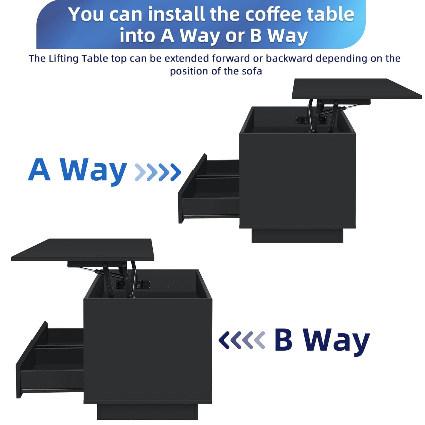 HOMMPA 40‘’ LED Coffee Table for Living Room, Lift Top Coffee Tables with Storage, Morden High Gloss 4 Tiers Black Tea Table Center Tables with Hidden Compartment & 2 Open Shelve & 2 Drawers