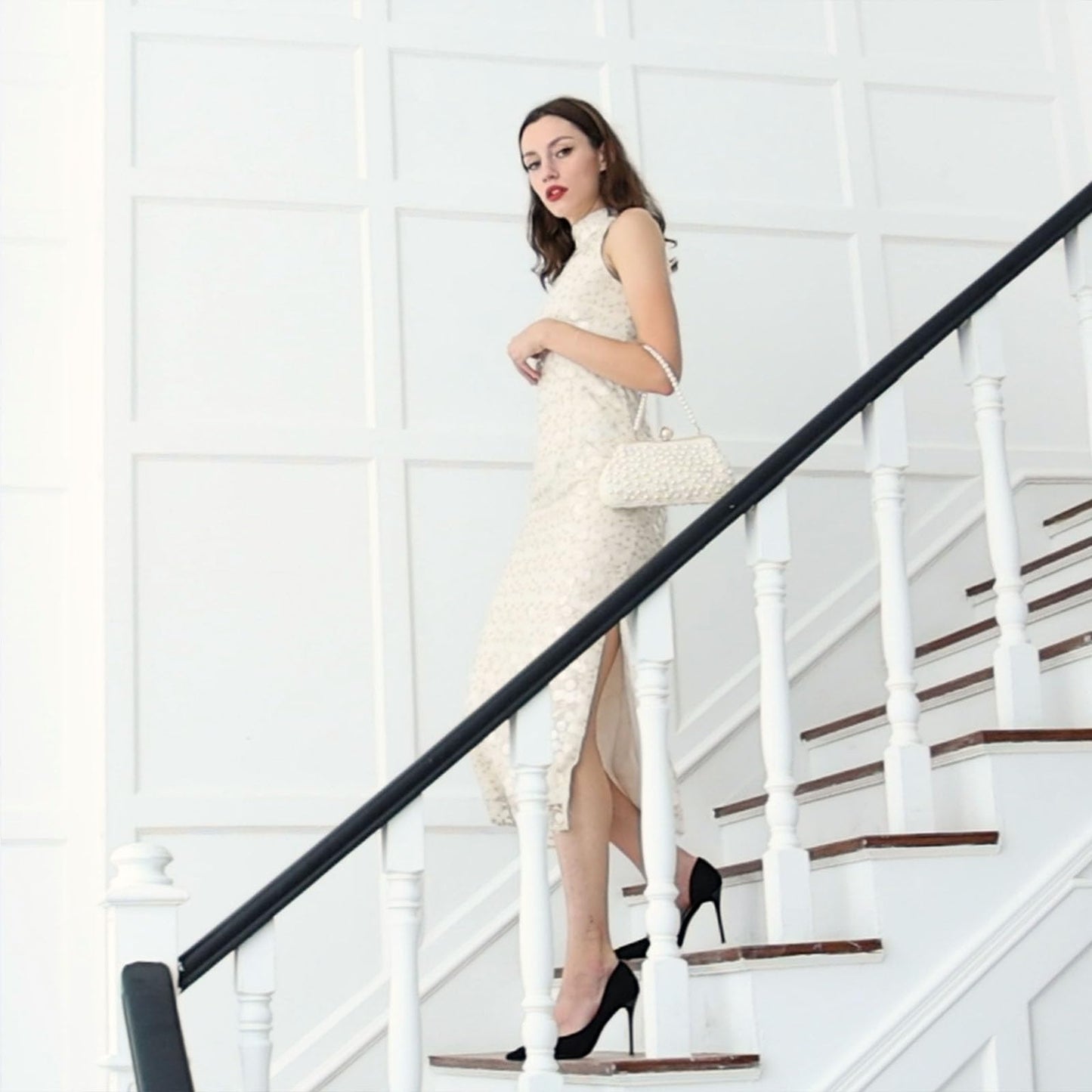 UBORSE Women Pearl Clutch Bead Rhinestone Evening Clutch Bag with removable Pearl Chain Ivory White