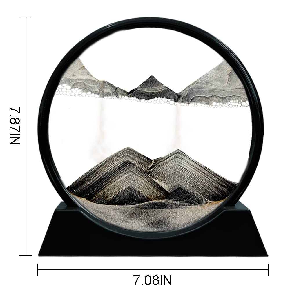 Aoderun Moving Sand Art Picture Round Glass 3D Deep Sea Sandscape in Motion Display Flowing Sand Frame Relaxing Desktop Home Office Work Decor (7", Black)