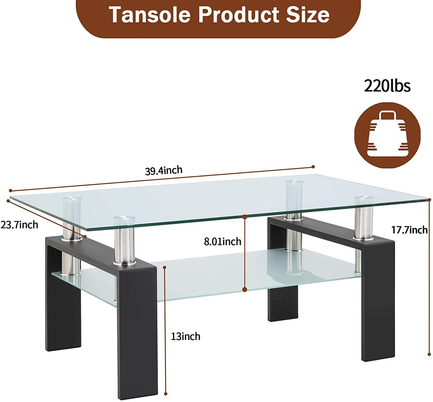 Rectangle Tempered Glass Coffee Table, Metal Leg Glass Tables for Living Room, Coffee Table for Home Office or Conversation Leisure Occasions, Rectangle Glass Table