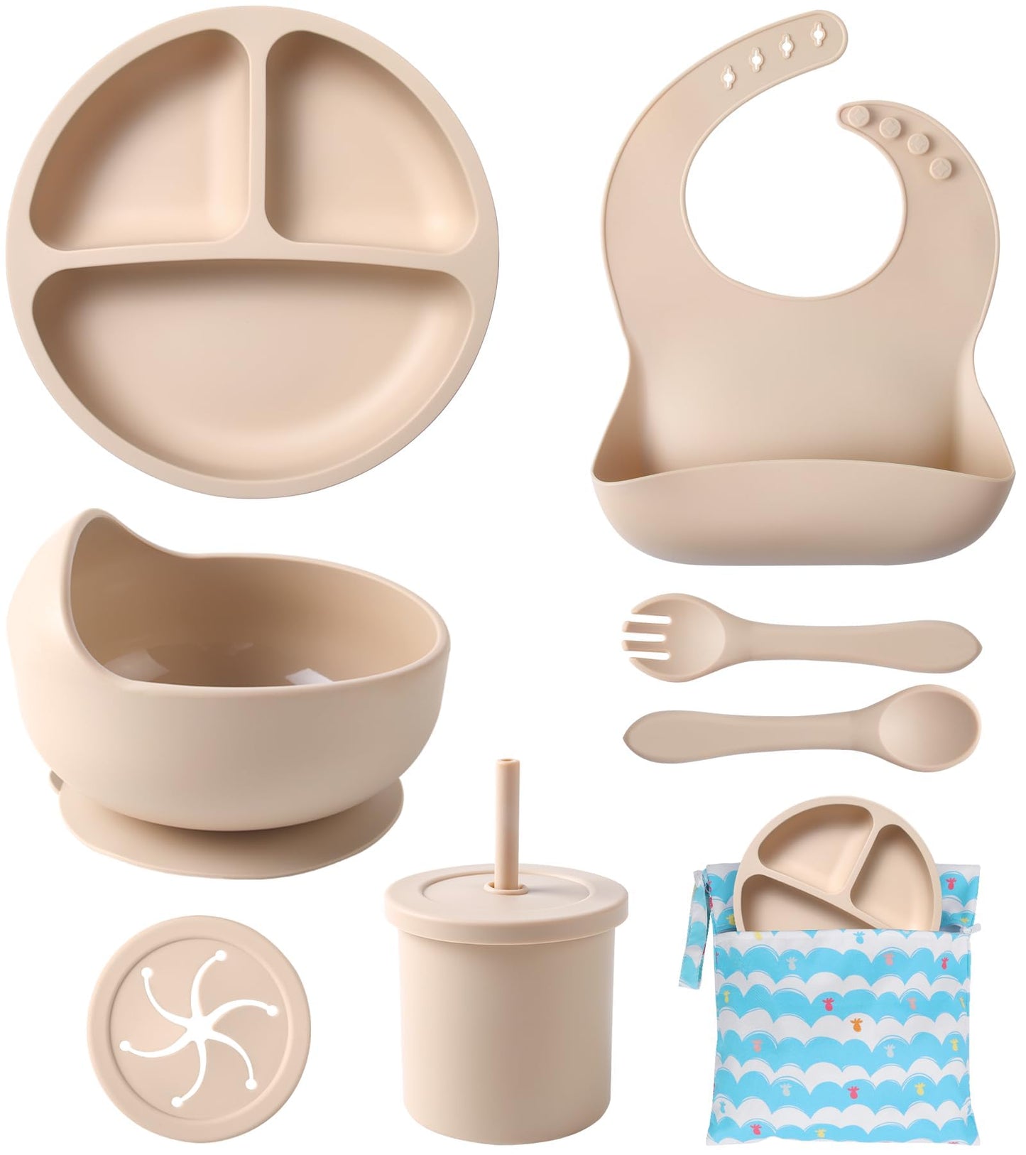 ECLIP Silicone Baby Feeding Set, 10 Pcs Baby Eating Essentials with Suction Bowl Divided Plate Adjustable Bib Soft Spoon Fork Snack Cup with Lid Drinking Cup, Utensil (Beige)