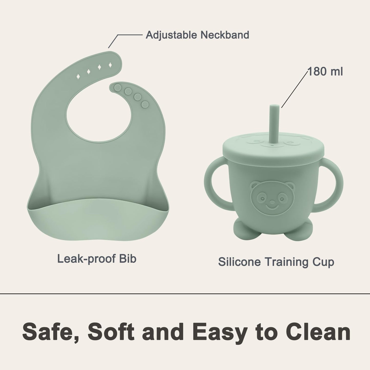 Munlinder Silicone Baby Feeding Set | Baby Led Weaning Supplies Includes Suction Bowls and Divided Plates, Adjustable Bib, Baby Utensils Spoons and Forks,Cup | Baby Feeding Essentials (Light Green)