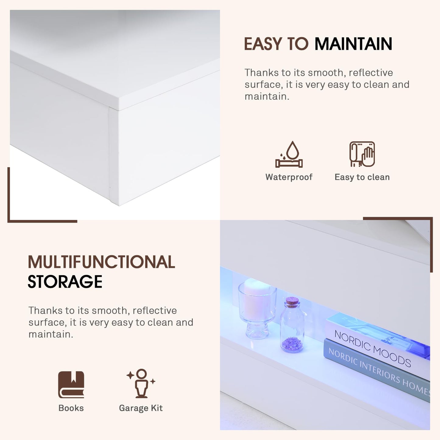 OC Orange-Casual LED Coffee Table with Storage, High Glossy Center Table with 2 Sliding Drawers, Modern Stylish Rectangle Coffee Table Double Layer with Open Display Shelf for Living Room (White)