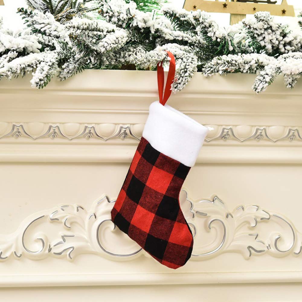 QBSM 24 Pack Mini Christmas Stockings, 7 inches Buffalo Plaid with Plush Cuff Small Stockings, Xmas Classic Black Red Plaid Stockings Decorations for Whole Family