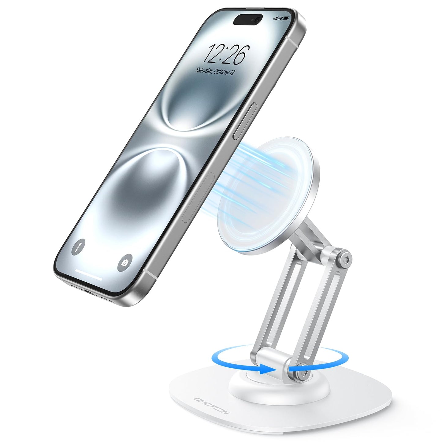 OMOTON 360°Rotating Magnetic Phone Stand for Desk, Adjustable Foldable Aluminum for MagSafe Cell Phone Stand Holder with Non-Slip Base, for iPhone 16/15/14/13 Pro Max/MagSafe Case- Black