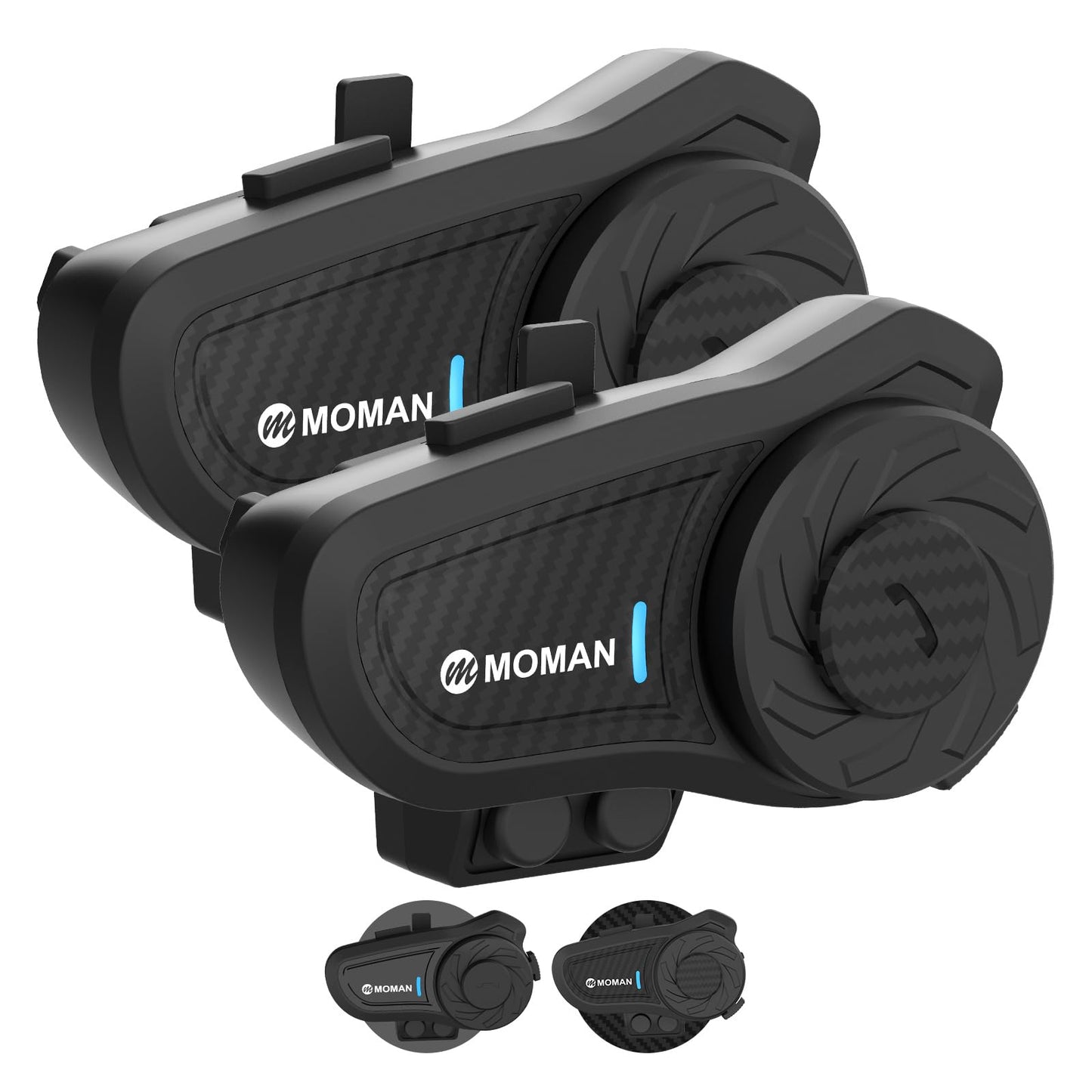 Moman Motorcycle Intercom, H2 Pro【2 Pack Carbon】 Helmet Headset Wireless Communication System to 1000M with DSP&CVC Noise Cancellation IP65 Waterproof FM, Motorcycle-Intercom-Headset-Helmet-Motobike