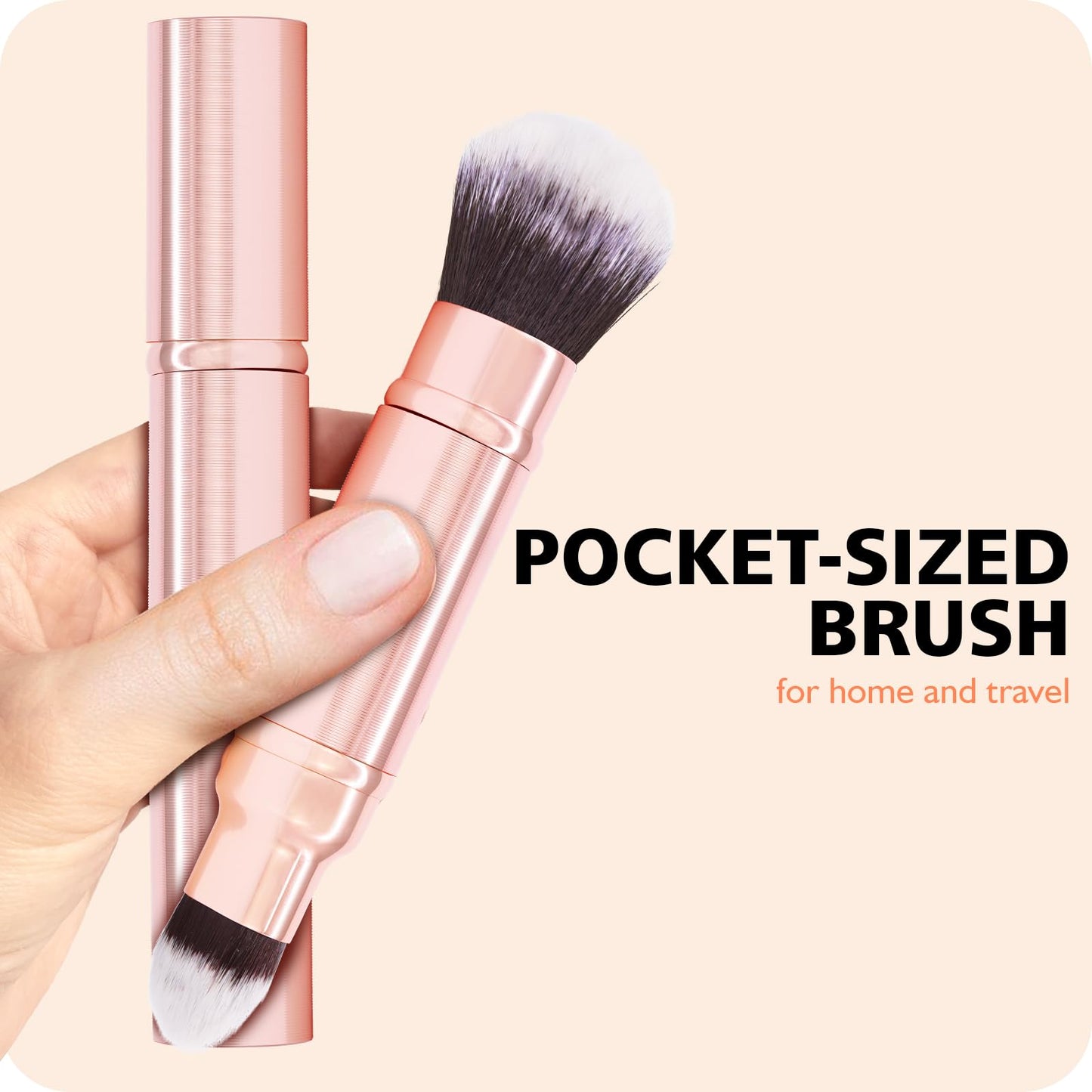 Retractable Airbrush Kabuki Brush for All Face Makeup & Foundation for Liquid, Cream and Powder Face Makeup, Dual-Ended Brush for Precision Natural Beautiful Look, With Aluminum Handle- Rose Gold