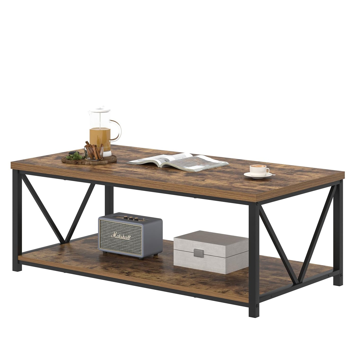 EXCEFUR Modern Coffee Table, Rustic Wood and Metal Living Room Table with Storage Shelf, Industrial Rectangle Center Table, 47 Inch Brown