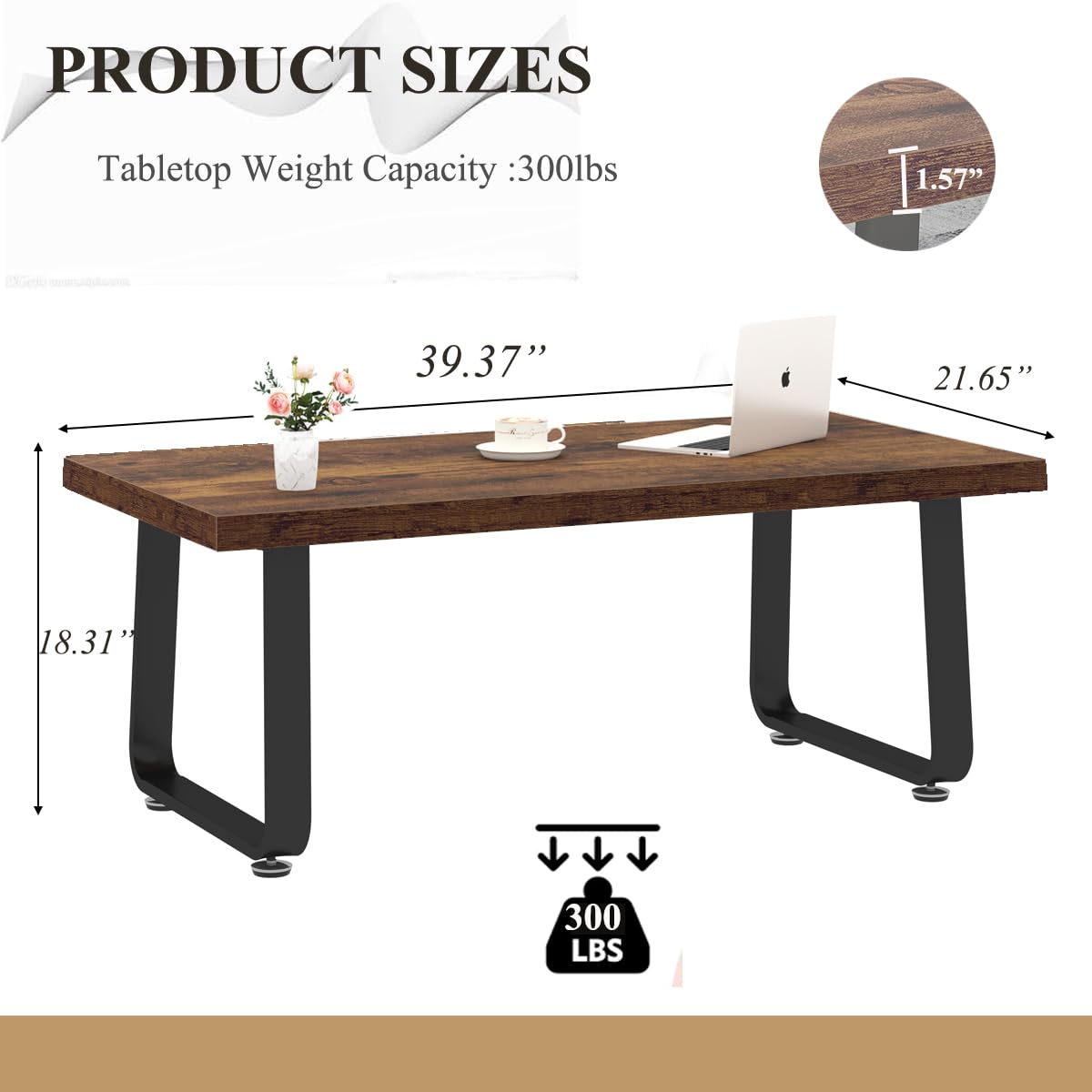 HSH Rustic Coffee Table, Industrial Wood and Metal Center Table, Farmhouse Minimalist Oak Coffee Table for Living Room, Modern Rectangular Wooden Tea&Coffee Table for Bedroom Home, Rustic Brown, 39 In