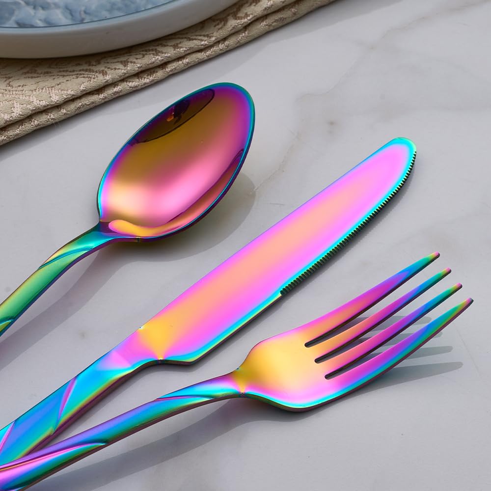 Seeshine Rainbow Silverware Set for 12, 60-Piece Stainless Steel Flatware Set, Shiny Rainbow Metal Cutlery Set, Include Fork, Knife and Spoon Set, Dishwasher Safe