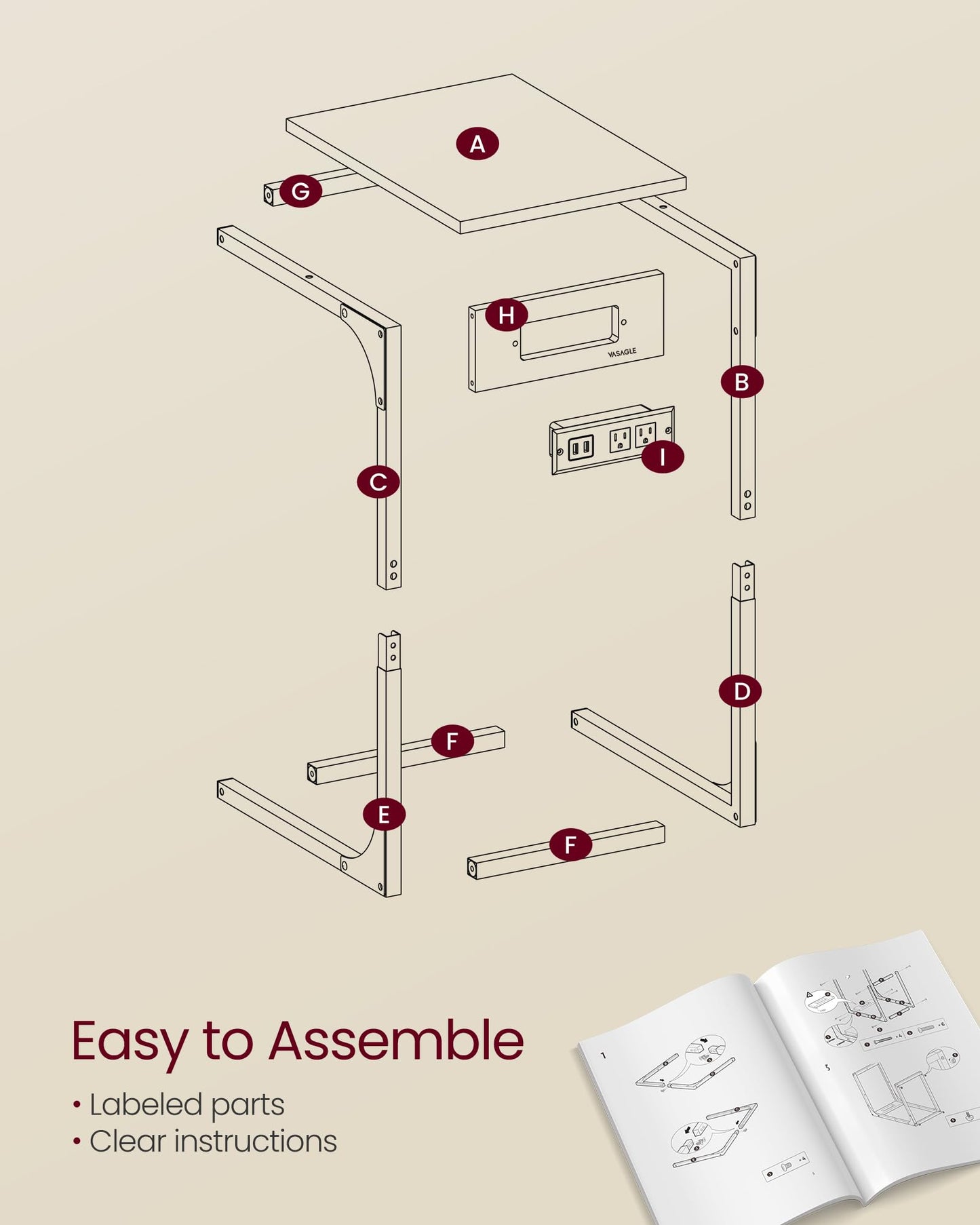 VASAGLE C-Shaped Side Table, End Table with Charging Station, C Table for Couch, Sofa, Adjustable Feet, for Bedroom, Living Room, 2 USB Ports and Outlets, Rustic Brown ULET362K01