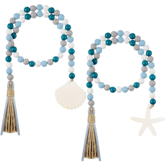 2 Pcs Farmhouse Seashell Bead Garland with Tassels Decorative Beads Decor Nautical Farmhouse Tiered Tray Decorations Set Coastal Garland for Home and Kitchen, Wooden Beads