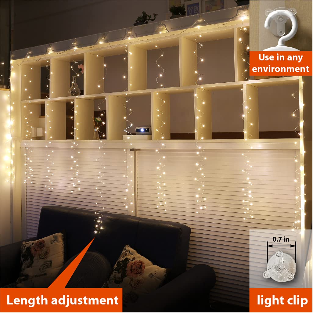ZSJWL 300 LED Curtain Fairy Lights with Remote, 8 Modes 9.8 × 9.8 Ft, USB Plug in Copper Wire String Lights for Bedroom Window Chrismas Wedding Party, Warm White