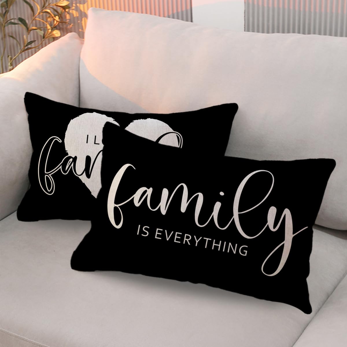 Home Quote Throw Pillow Cover Family is Everything Cushion Covers 12 x 20 Inch Farmhouse Rustic Decor Lumbar Pillowcases 2Pack with Saying Housewarming Gifts for Sofa Couch (Black)