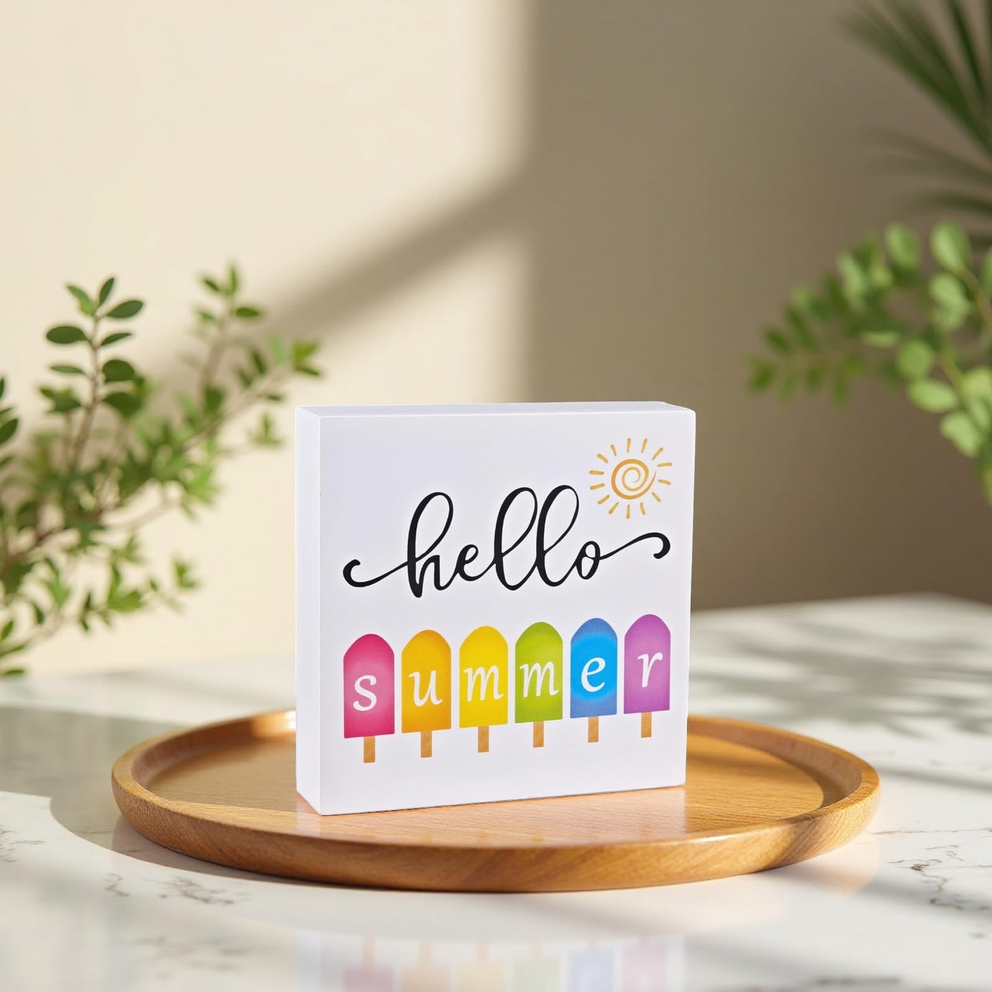 Summer Decor Summer Decorations for Home Popsicle Wood Box Sign Rustic Wooden Shelf Desk Decor Season House Warming Gifts 5.9 x 5.9 Inch