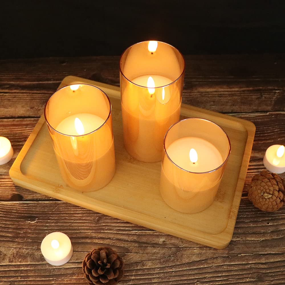 GenSwin Rechargeable LED Flameless Flickering Glass Candles with Remote Timer, Battery Operated Pillar Candles Long Lasting Gold Real Wax USB Candle (D 3”×H 4”5”6”)