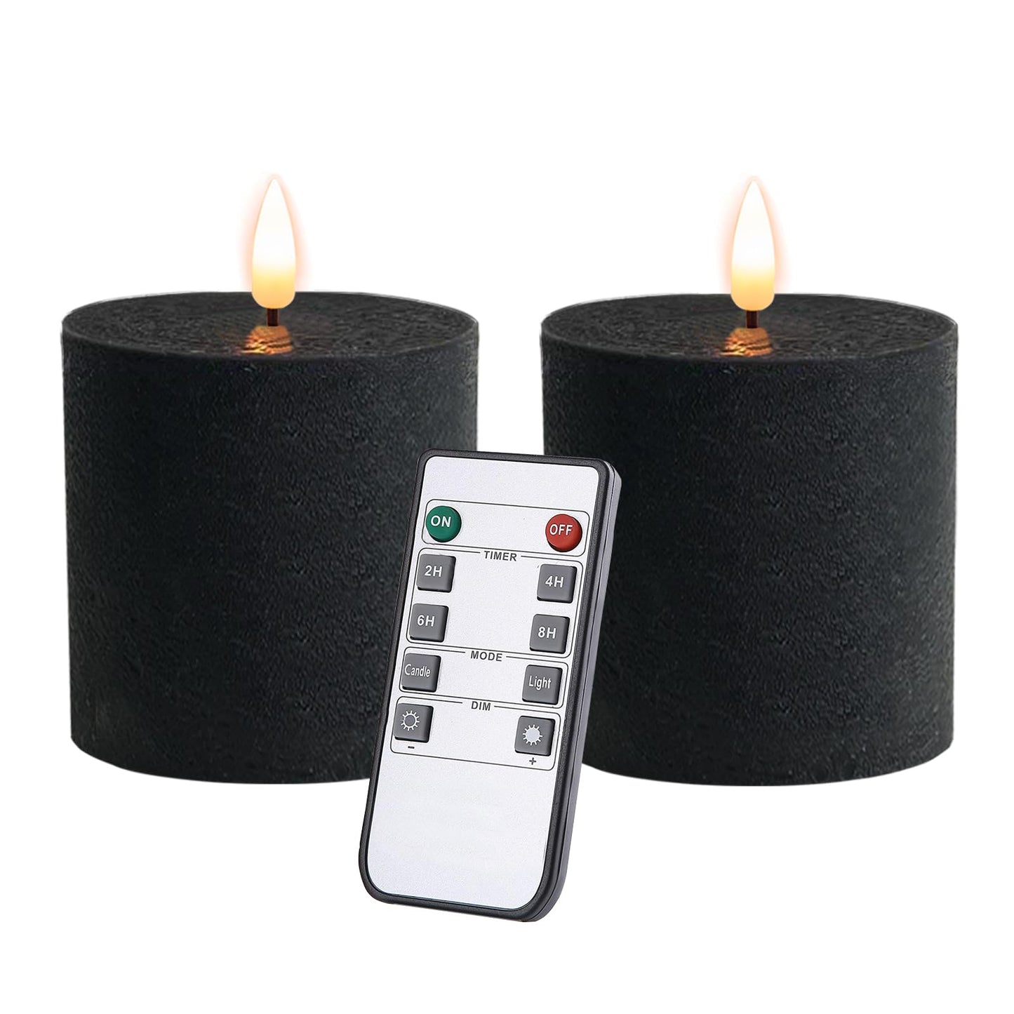 volnyus Black Flameless Candles Set of 2 (3x3 inch) Real Wax Flickering LED Candles Battery Operated with Remote Control Timers for Halloween Fireplace Livingroom Party Dimmable Pillars Flat top