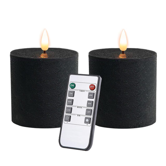 volnyus Black Flameless Candles Set of 2 (3x3 inch) Real Wax Flickering LED Candles Battery Operated with Remote Control Timers for Halloween Fireplace Livingroom Party Dimmable Pillars Flat top