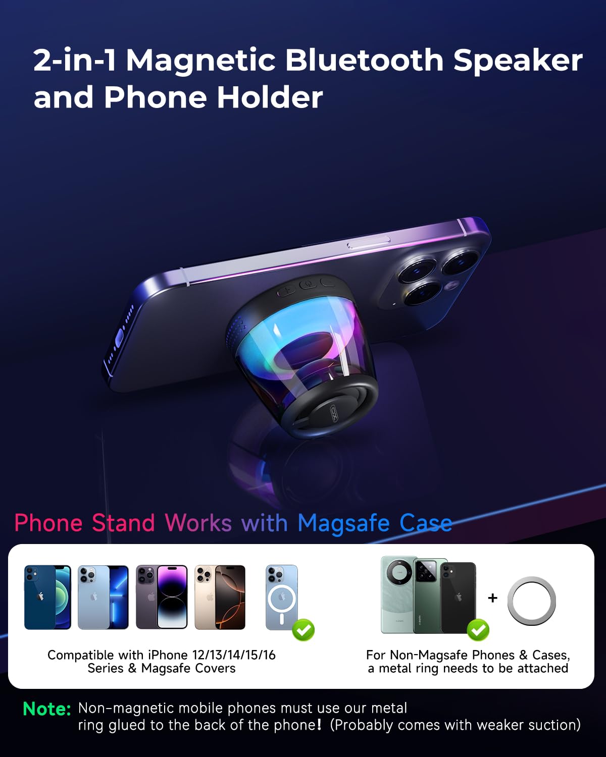 Magnetic Bluetooth Speaker, Portable Bluetooth Speaker with RGB light, Waterproof Wireless Speaker , Phone Stand for iPhone 16/15/14/13/12 Series, Small Speaker for Shower, Outdoor, Birthday Gift