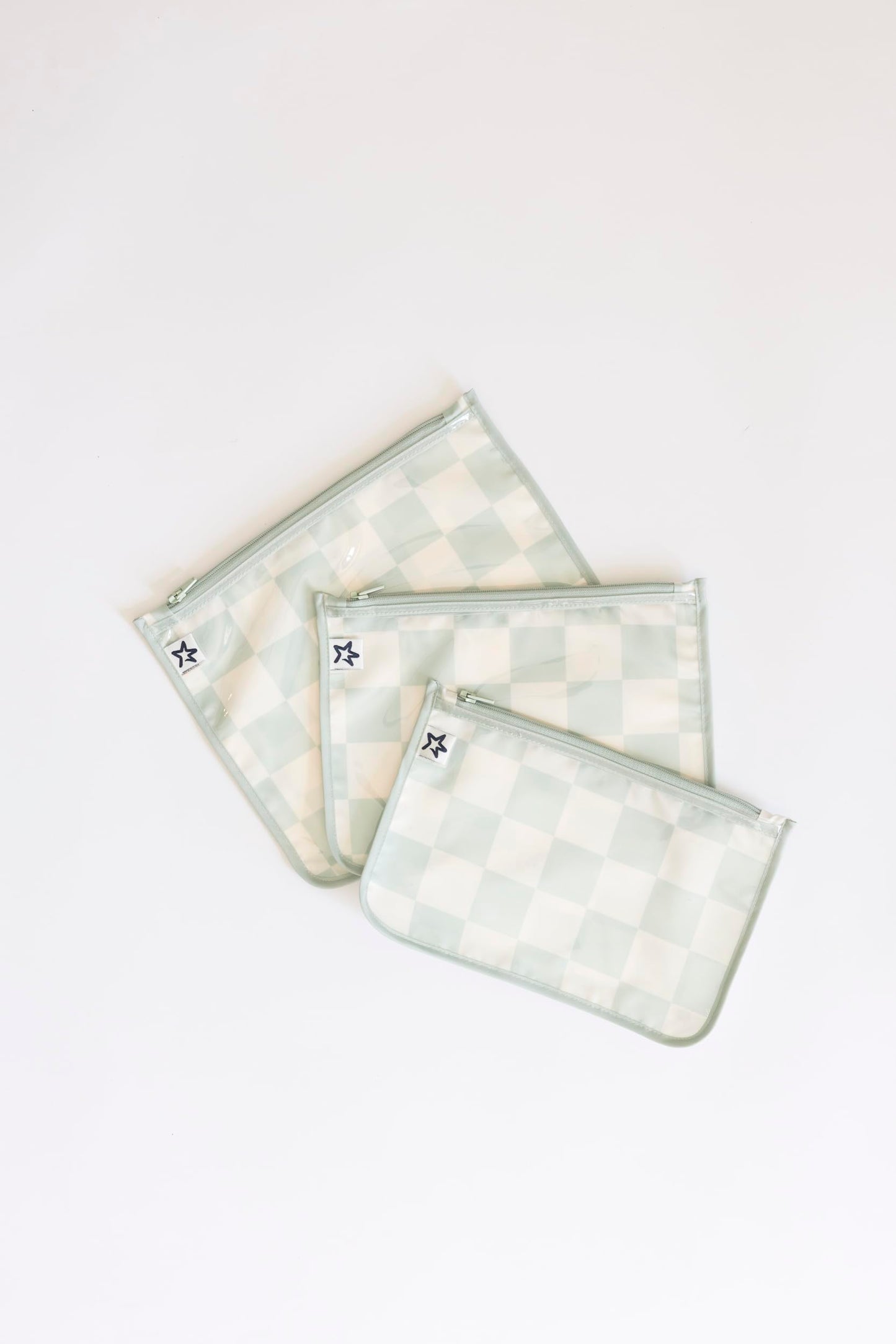 Tiny Twinkle Mess-proof Travel Bags, Airline Compliant, Zipper Closure, Clear Front Pouch, Diaper Bag Packing, Toiletry or Cosmetics Organizer 3 Pack Set (Sage Checkers)