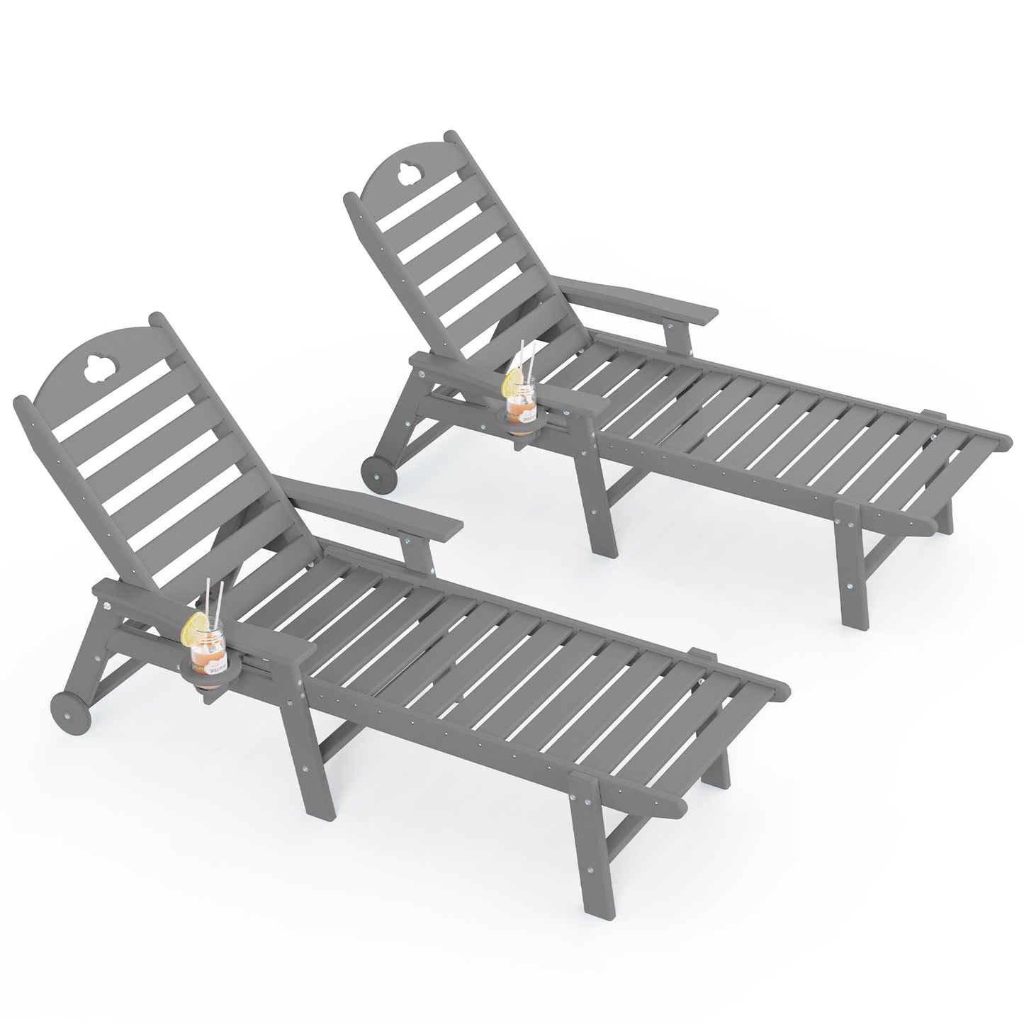 Orbcove Oversized Chaise Lounge Chair Outdoor with Wheels & Cup Holder, 6-Position Adjustable HDPE Patio Lounge Chair for Poolside, Garden, Deck & Lawn (Grey, 2-Piece)