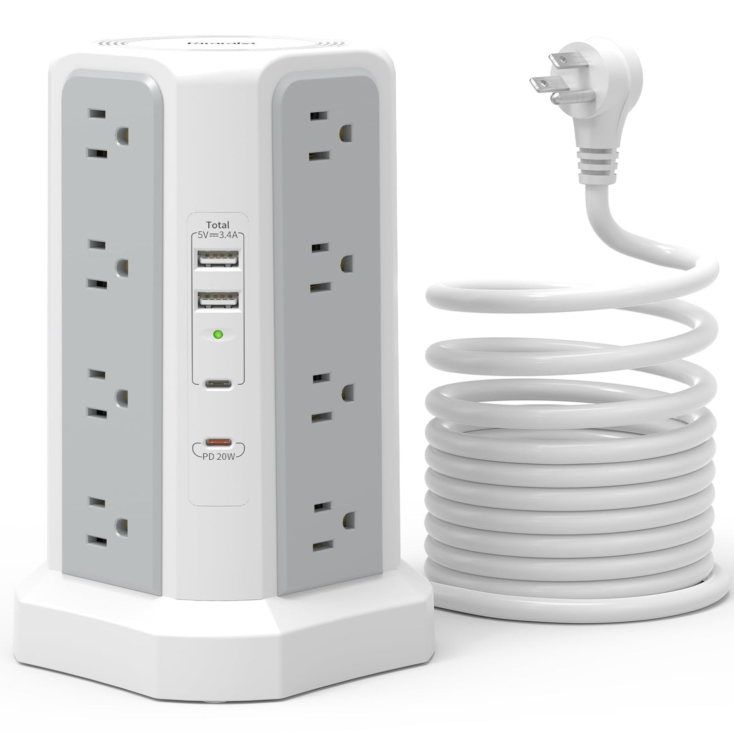 Power Strip Tower Surge Protector with 4 USB Ports (PD 20W), 6FT Extension Cord with 16 AC Multiple Outlets, Charging Station Tower with Surge Protection for Home Dorm Office Supplies