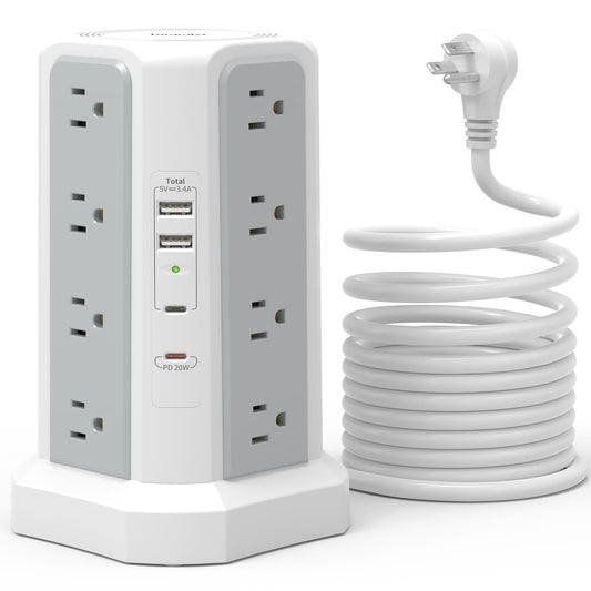 Power Strip Tower Surge Protector with 4 USB Ports (PD 20W), 6FT Extension Cord with 16 AC Multiple Outlets, Charging Station Tower with Surge Protection for Home Dorm Office Supplies