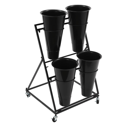Nozue Flower Display Stand, with 4pcs Buckets, 2 Layers Metal Plant Stand with Wheels, Heavy Duty Detachable Plant Moving Cart Frame for Indoor, Living Room, Florist (Black- Black round bucket)