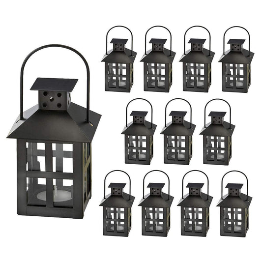 Kate Aspen Decorative Lanterns - 12pcs - Distressed Metal Vintage Mini Lanterns, Centerpiece for Table, Accent Piece and Home Decor, Favors for Weddings and Baby Showers (Black)