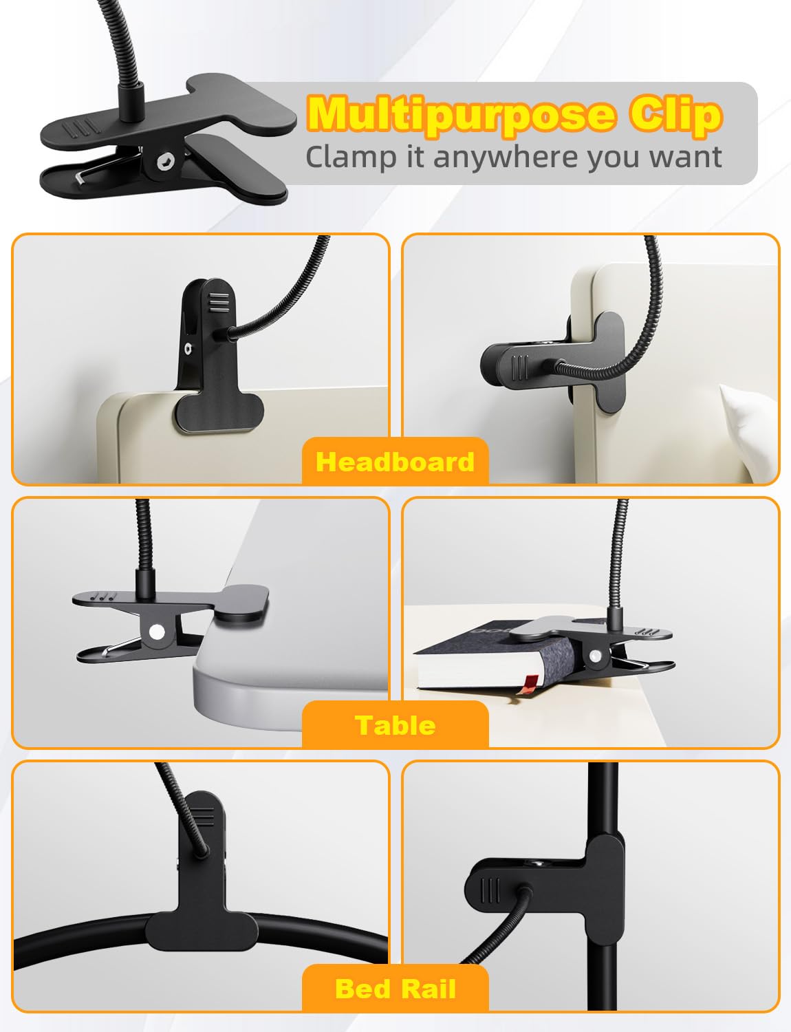 Reifeiniwei Desk Lamp with Clamp-10W，2-in-1 with RGB Ambient Light & Warm White Light,Book Reading Light Color Changeable/Flexible Gooseneck LED Lamps Clip on Bed Headboard and Computers 800LM-Black