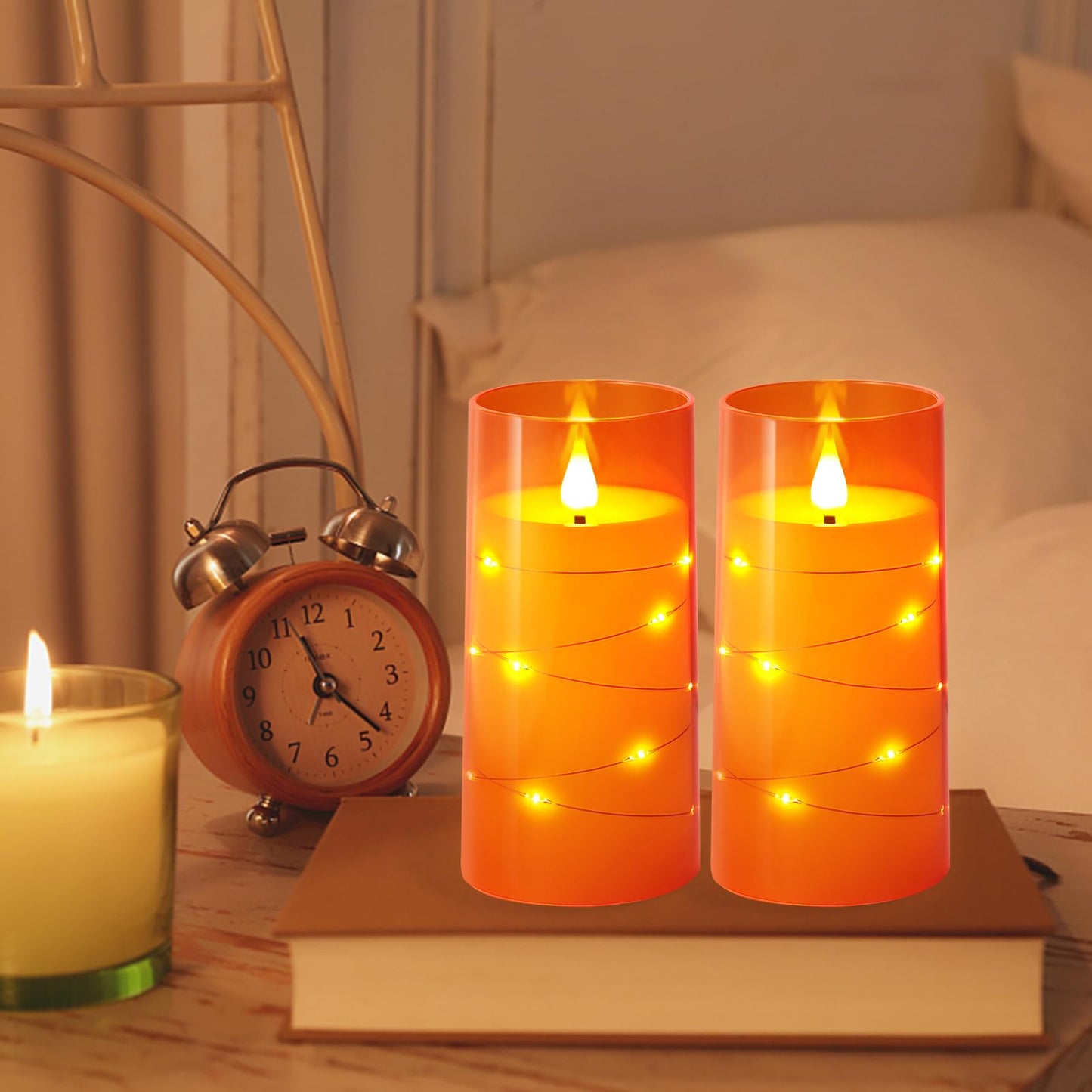 NURADA 3"x6"Flickering Flameless Candles: Built-in Star String Lights 3D Wick Battery Operated LED Pillar Candles with Remote and Timer for Thanksgiving Dinner Tables Wedding Home Fall Decor Orange