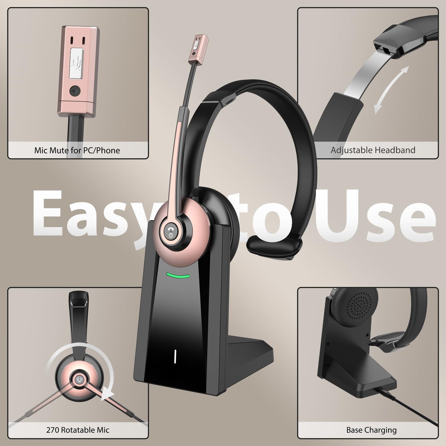 Wireless Headset with Mic for Work, Bluetooth Headset with Microphone Noise Cancelling & Mic Mute, Wireless Headphones with USB Dongle & Charging Base for Work/ Home/Computer/Call Center/Office/Zoom