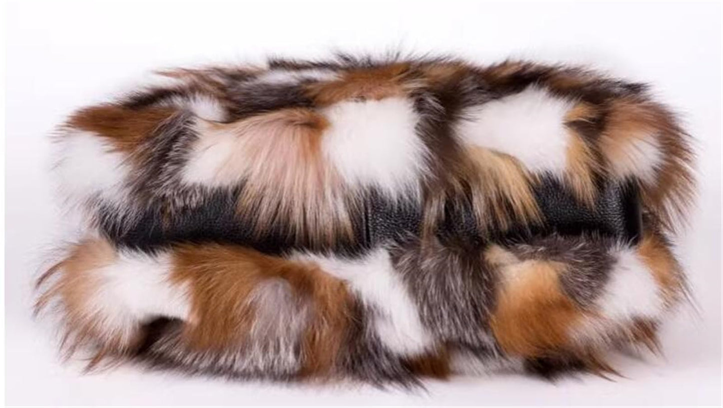 D-01 Luxury Real Fox Fur Handbag For Women Ladies Furry Shoulder Bag Purse Colorful Silver Bags Big Capacity Fashion (One Size, Brown)