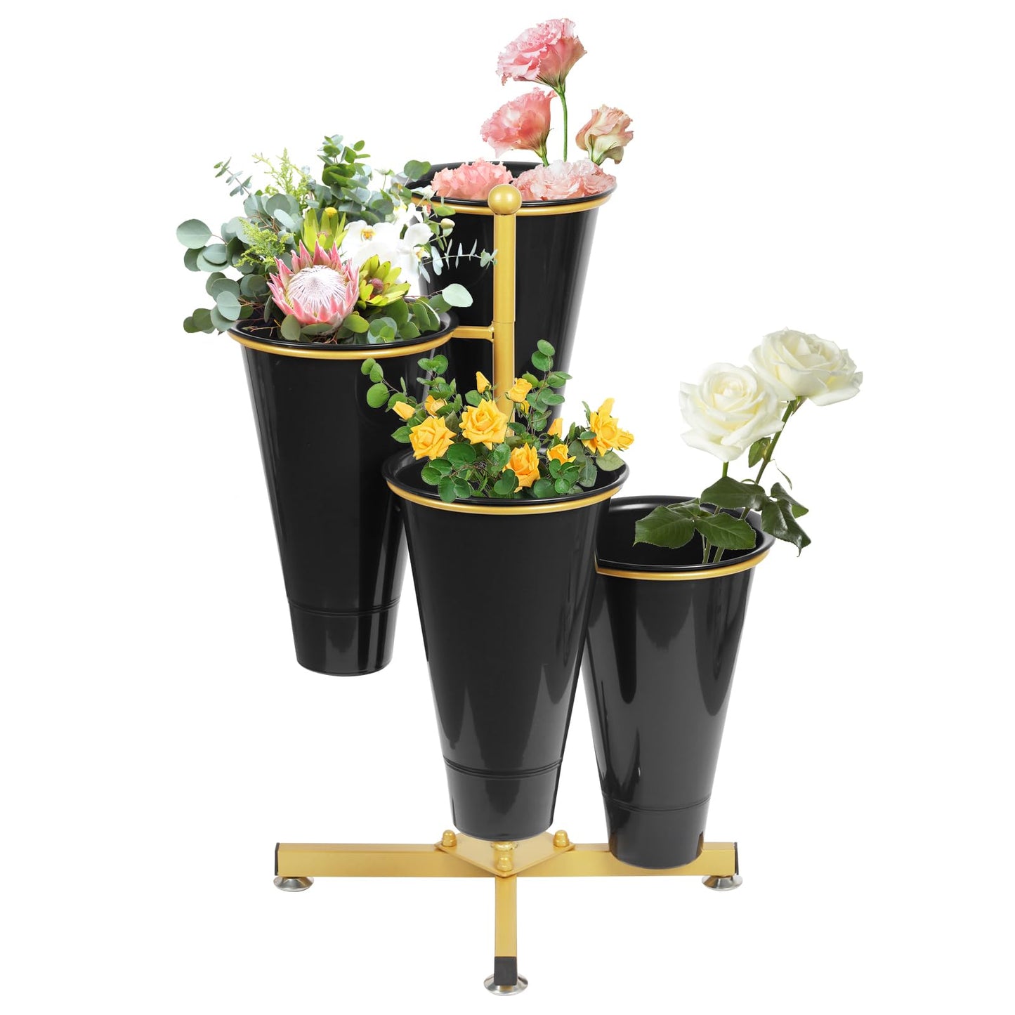 Flower Display Stand with 4 Bucket,Floral Stand with Foldable Frame for Silk Fresh Flowers,4 Tier Florist Shelf Plant Cart for flower shop Garden Living Room,Easy to Install (Gold Shelf+ Black Bucket)