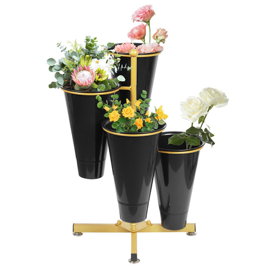Flower Display Stand with 4 Bucket,Floral Stand with Foldable Frame for Silk Fresh Flowers,4 Tier Florist Shelf Plant Cart for flower shop Garden Living Room,Easy to Install (Gold Shelf+ Black Bucket)