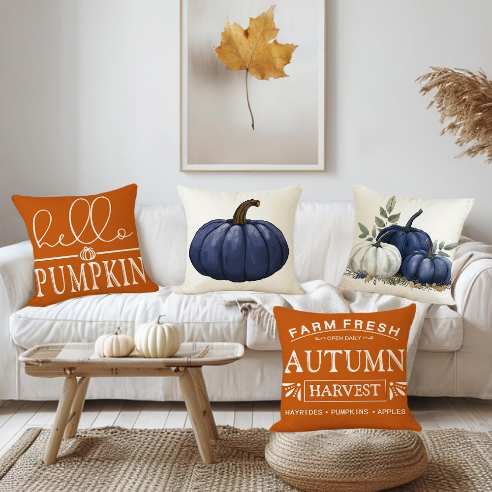 MAZSHTTD Fall Pillow Covers Blue Pumpkin Outdoor Indoor Decorative Throw Pillow Covers 18 x 18 Inch Set of 4 Farmhouse Autumn Cushion Cover Pillow Case for Living Room Bed Room Fall Decor