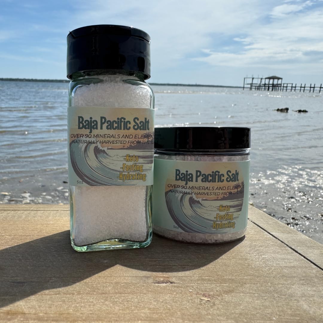 Baja Pacific | Organic Sea Salt 5oz Coarse Glass Shaker | BAHA Salt Hydration Low Sodium Recovery - Over 90 Minerals and Electrolytes - Trace Minerals Cooking Finishing Salt