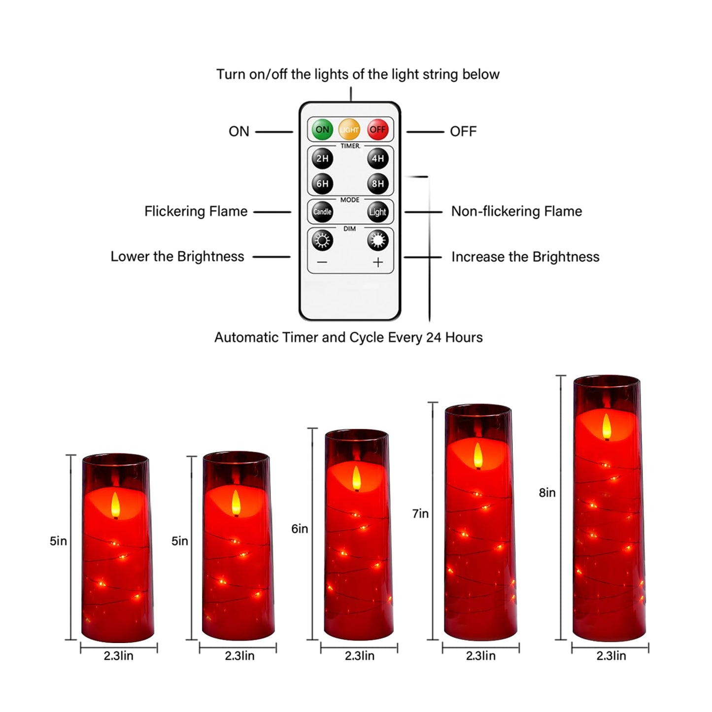 Flameless Candles,with Embedded Star String, Battery Operated Candles Flickering LED Candles with Remote Control and Timer, for Home Decoration Creating an Atmosphere，Set of 5 (Red)