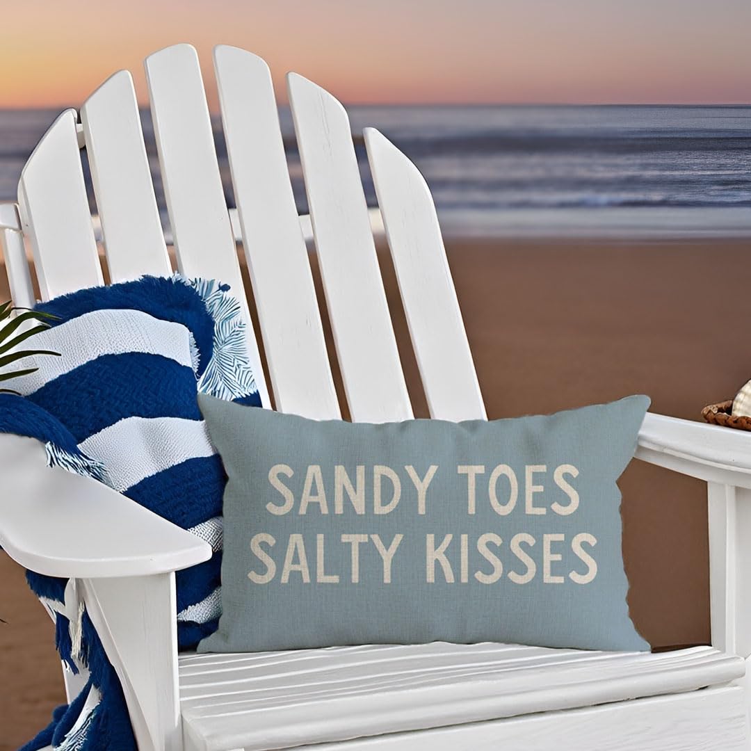 PANDICORN Summer Beach Throw Pillow Covers 12x20 Inch Sayings Sandy Toes and Salty Kisses Nautical Pale Blue Outdoor Decorations Lumbar Decorative Cushion Case for Home Living Room Sofa Couch Decor