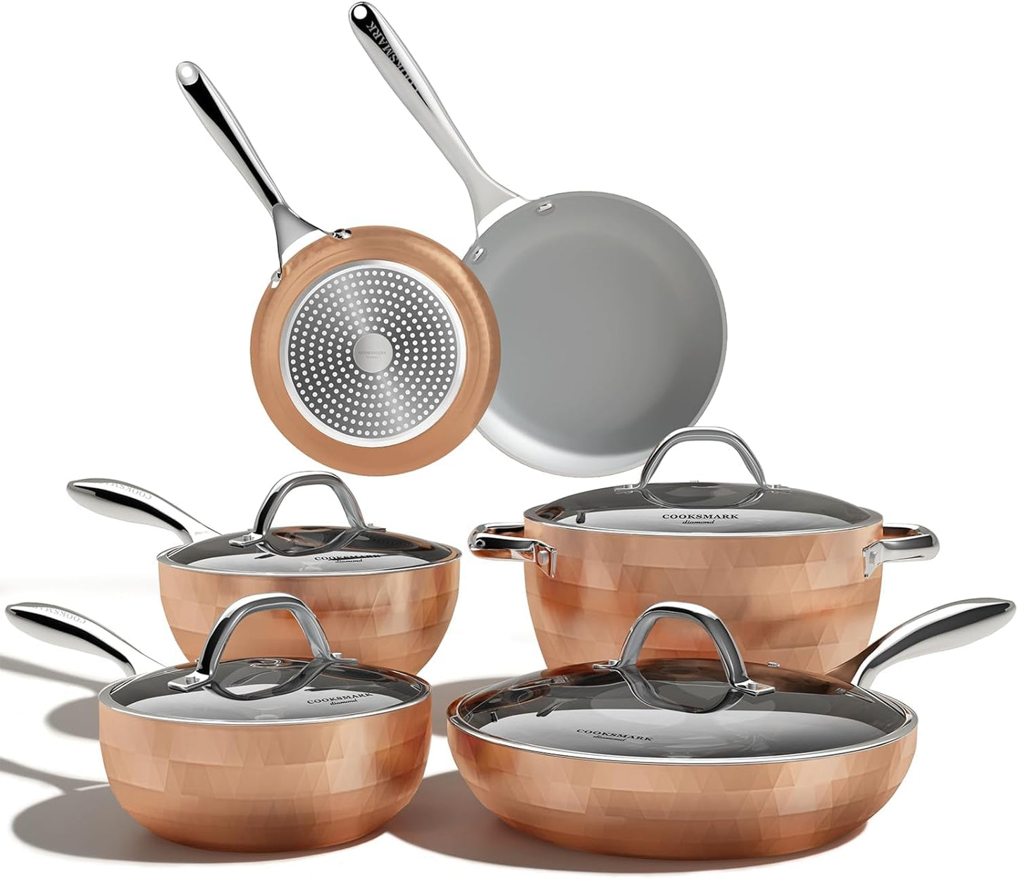 COOKSMARK 10-Piece Diamond Nonstick Ceramic Induction Cookware Set Scratch-Resistant Pots and Pans Set with Lids, Dishwasher Safe Oven Safe, Copper