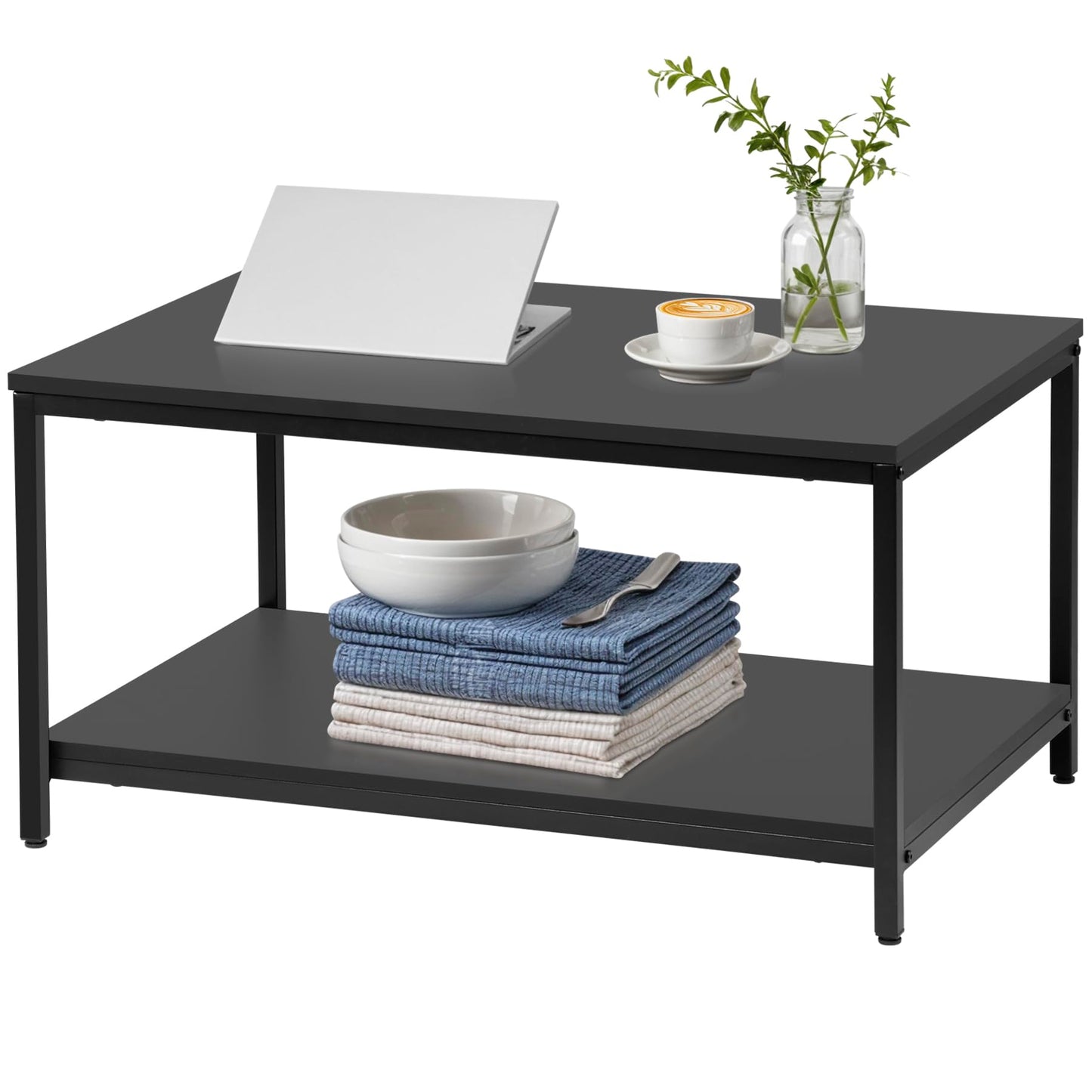 SUPER DEAL 2-Tier Industrial Coffee Table with Storage Shelf for Small Apartment Living Room, Rectangle Wood and Stable Metal TV Stand Side End Table, Black