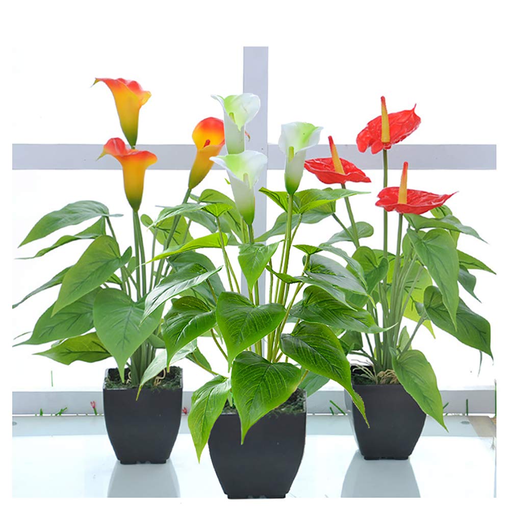 Artificial Flower Calla Lily Faux Small Potted Plant with Black Pot Fake Bonsai Flower for Home, Office, Indoor and Outdoor Occasions Decor (Red Fake Flower)