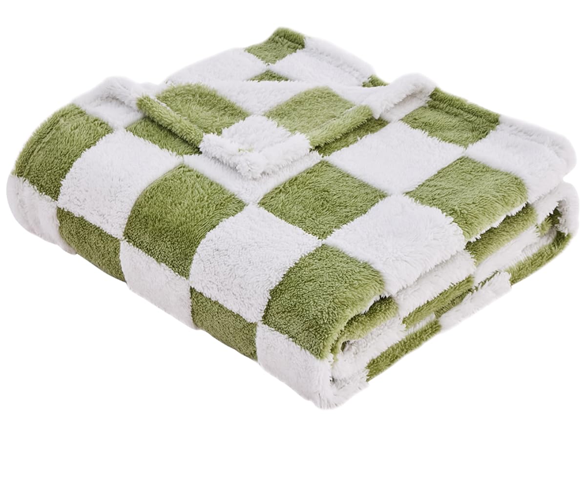 Qeils Jacquard Dog Blankets for Large Dogs, Cozy Calming Cat Blankets Washable, 280GSM Coral Fleece Plush Fluffy Throw Blanket, Sage Green Checkered, 30x40IN