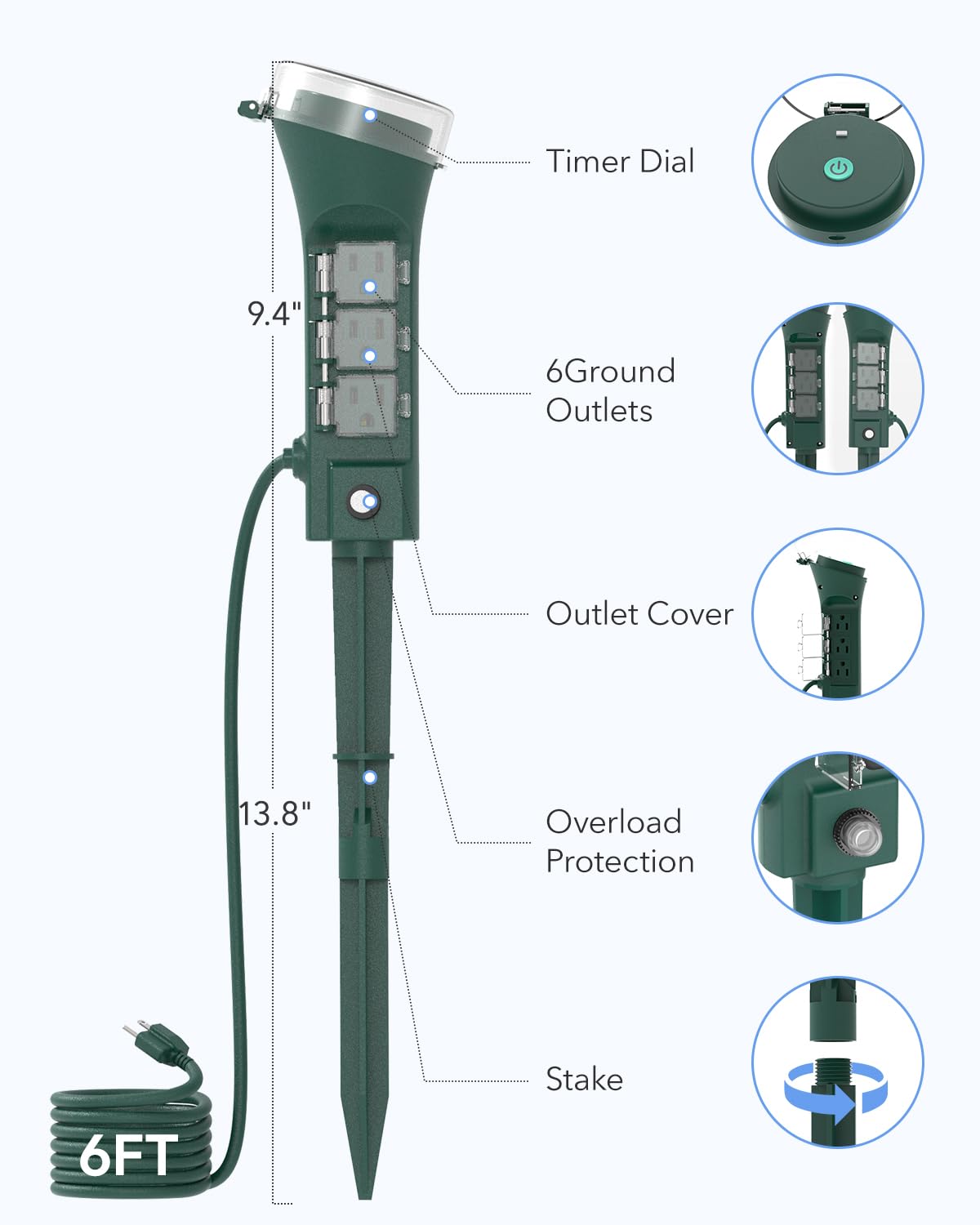 HBN Outdoor Smart Plug Waterproof WiFi Outdoor Outlet Timer with 6 Grounded Outlets, Remote & Voice Control Heavy Duty Yard Stake Plug Compatible with Alexa and Google Assistant No Hub Required