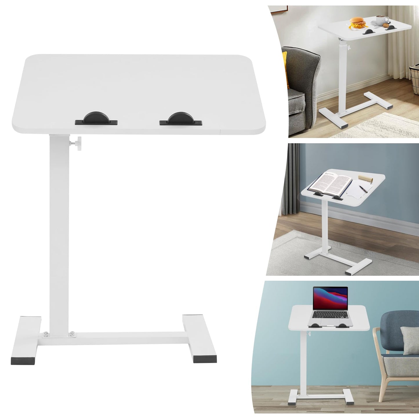 Adjustable Overbed Side Table with Wheels, C Shaped Laptop Desk, Mobile Standing Computer Tray Tables, Rolling 180°Swivel Top Flip Laptop Stand Table for Sofa and Bed, Home Office Use (White)