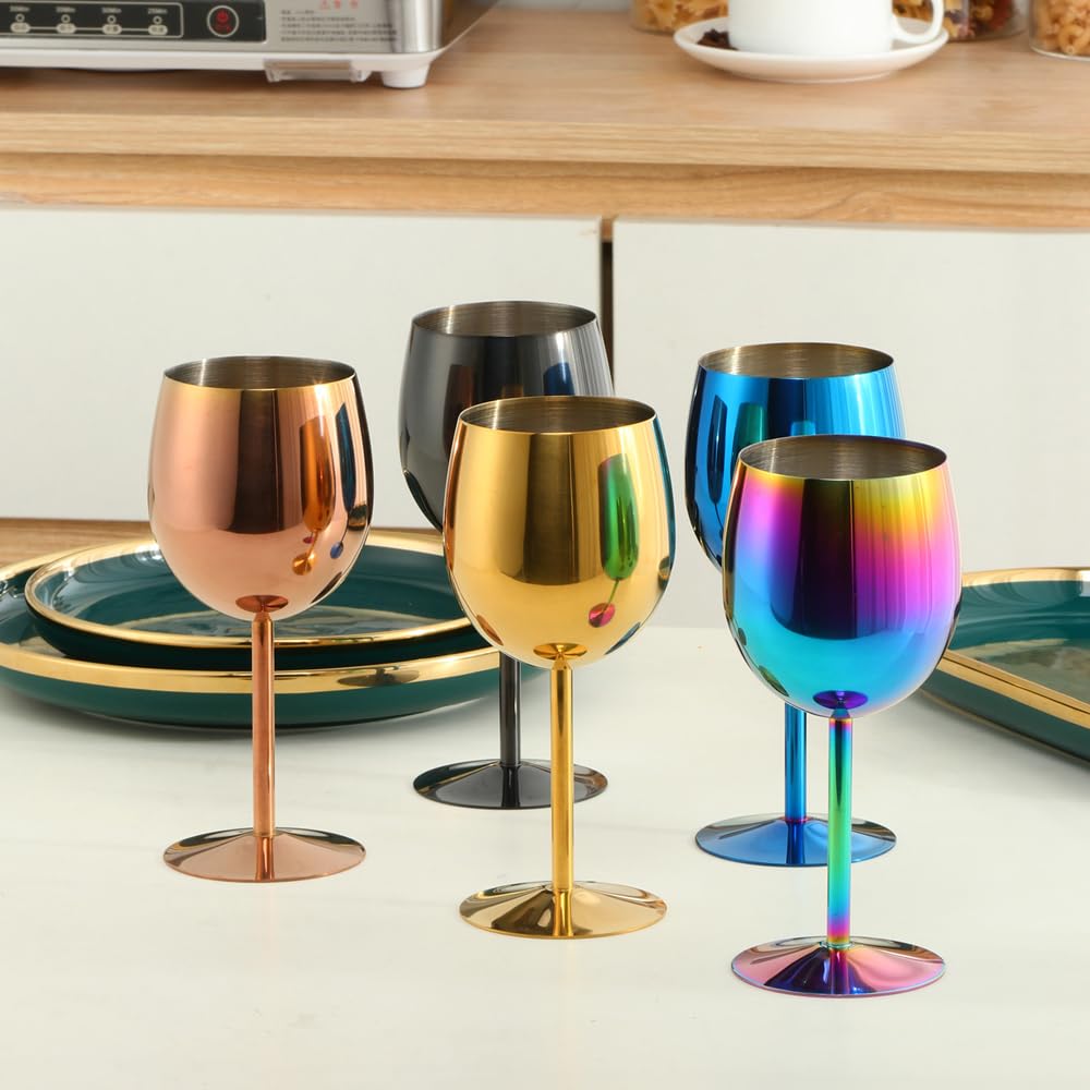 DOCBLACK Unbreakable Wine Glasses set Stainless Steel Red White Wine Goblet Metal 11.8 oz(350 ml) Fancy Unique Glasses for Wine Lovers Gifts Champagne Cocktail Tall Glasses Colorful(Rainbow 1-Piece)