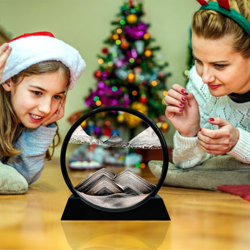 Aoderun Moving Sand Art Picture Round Glass 3D Deep Sea Sandscape in Motion Display Flowing Sand Frame Relaxing Desktop Home Office Work Decor (7", Black)