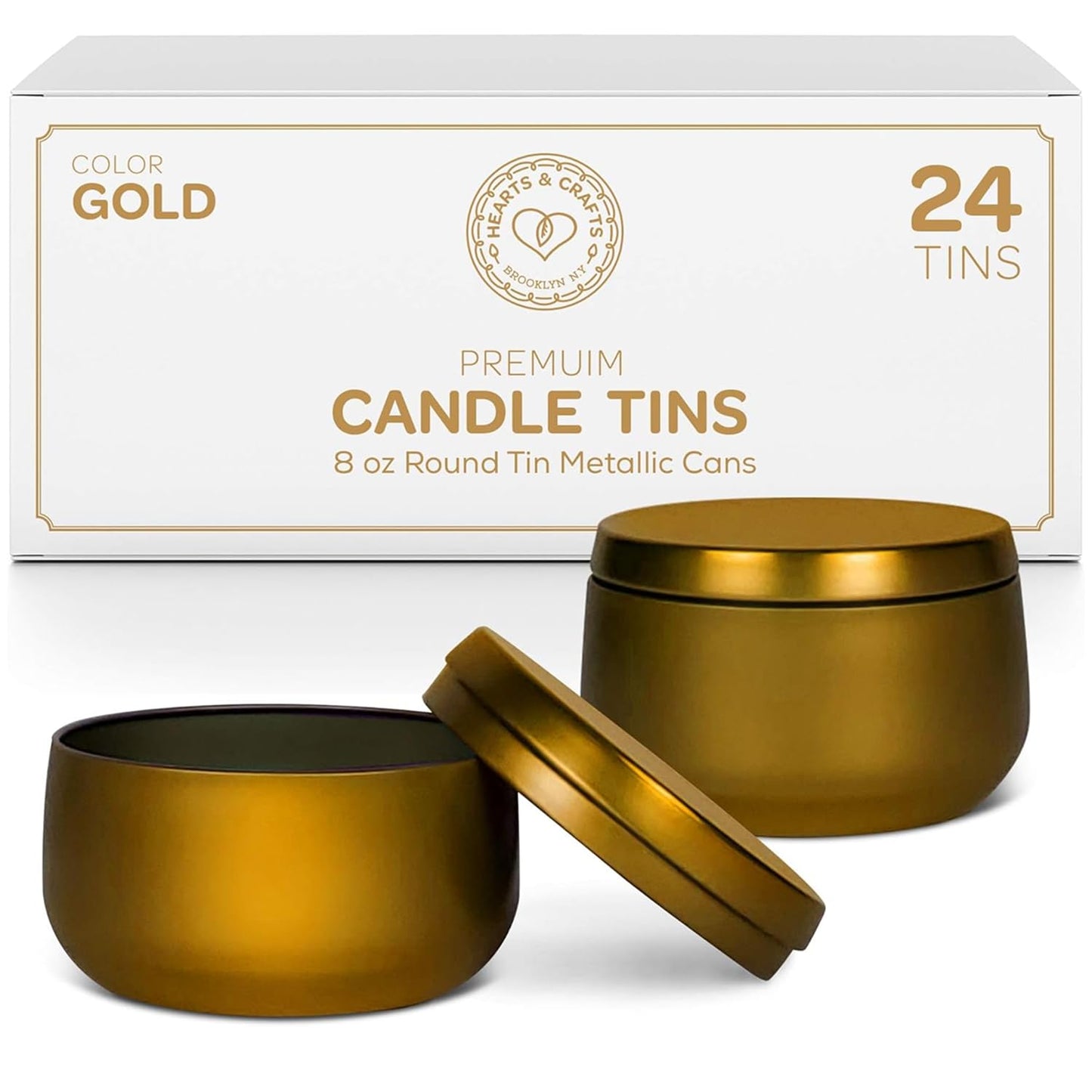 Hearts and Crafts 24-Pack of Round Metal Candle Jars with Lids - 8oz Candle Making Supplies for DIY Crafts, Storage, and Organizing - Empty Tin Containers for Gifts or Small Essentials - Gold