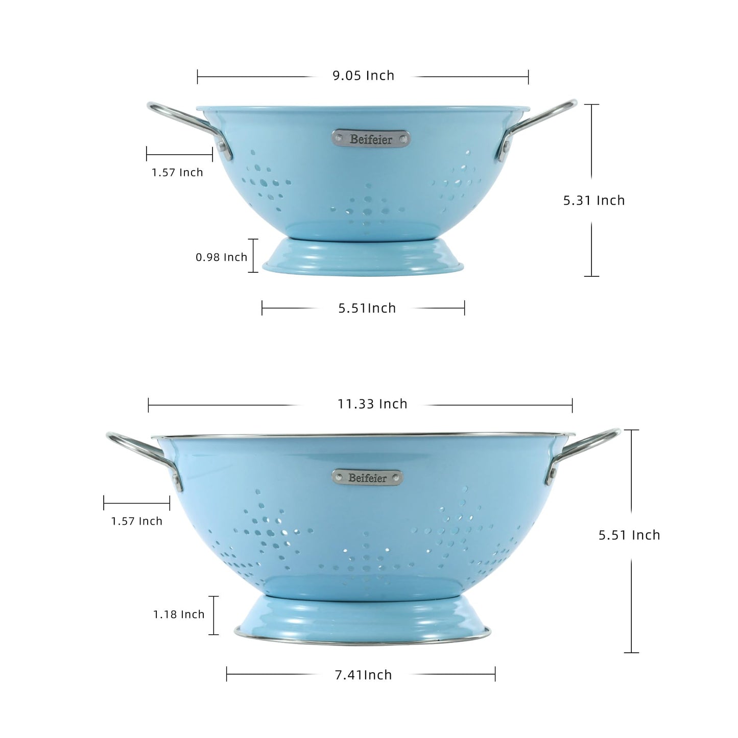 Metal Colander 2 Pack, Strainer Bowel with Handles 2Qt & 6Qt Powder Coated Solid Ring Base Heavey Duty Kitchen Drainer Basket for Pasta Veggies and Fruits,New Home Apartment Essentials (ArcticBlue)